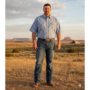 Wrangler Men's XXL Blue/ White Plaid Western Cowboy Pearl Snap Front Shirt